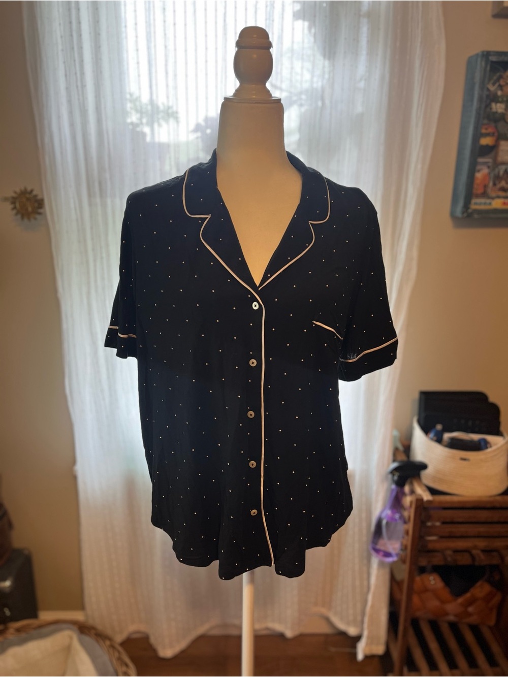 Victoria's Secret Black Polka Dot Short Sleeve Pajama Top with White Piping